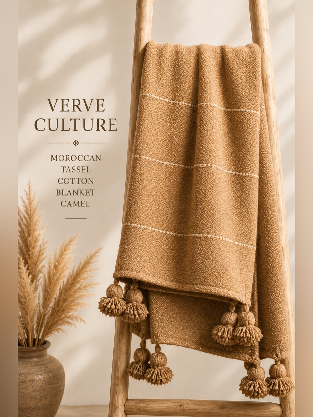 Verve Culture Moroccan Tassel Cotton Blanket Camel